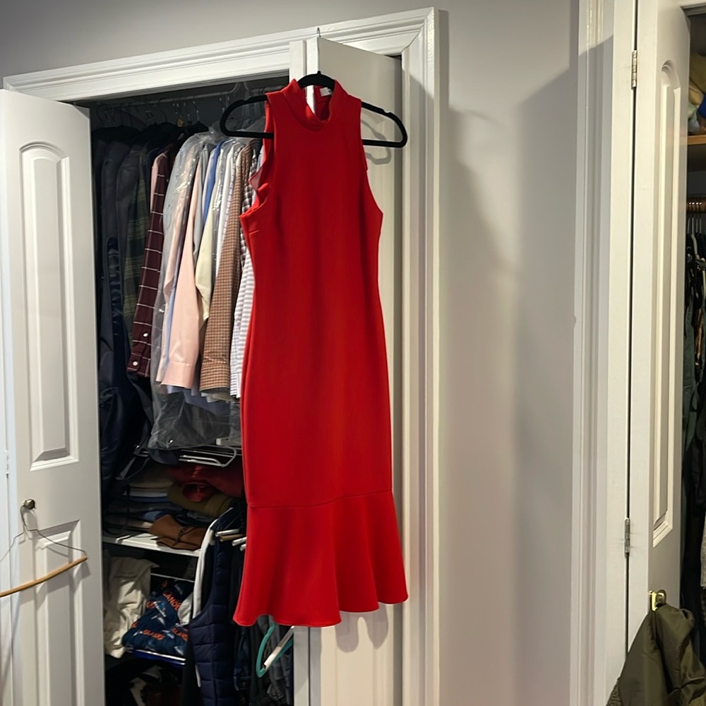 Red mock neck long dress